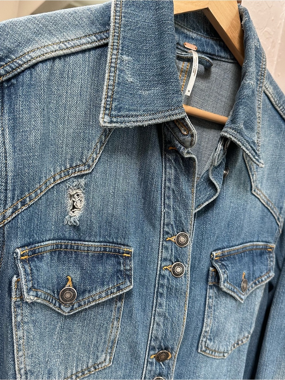 Free People Distressed Long Denim Jacket - Picture 3 of 11